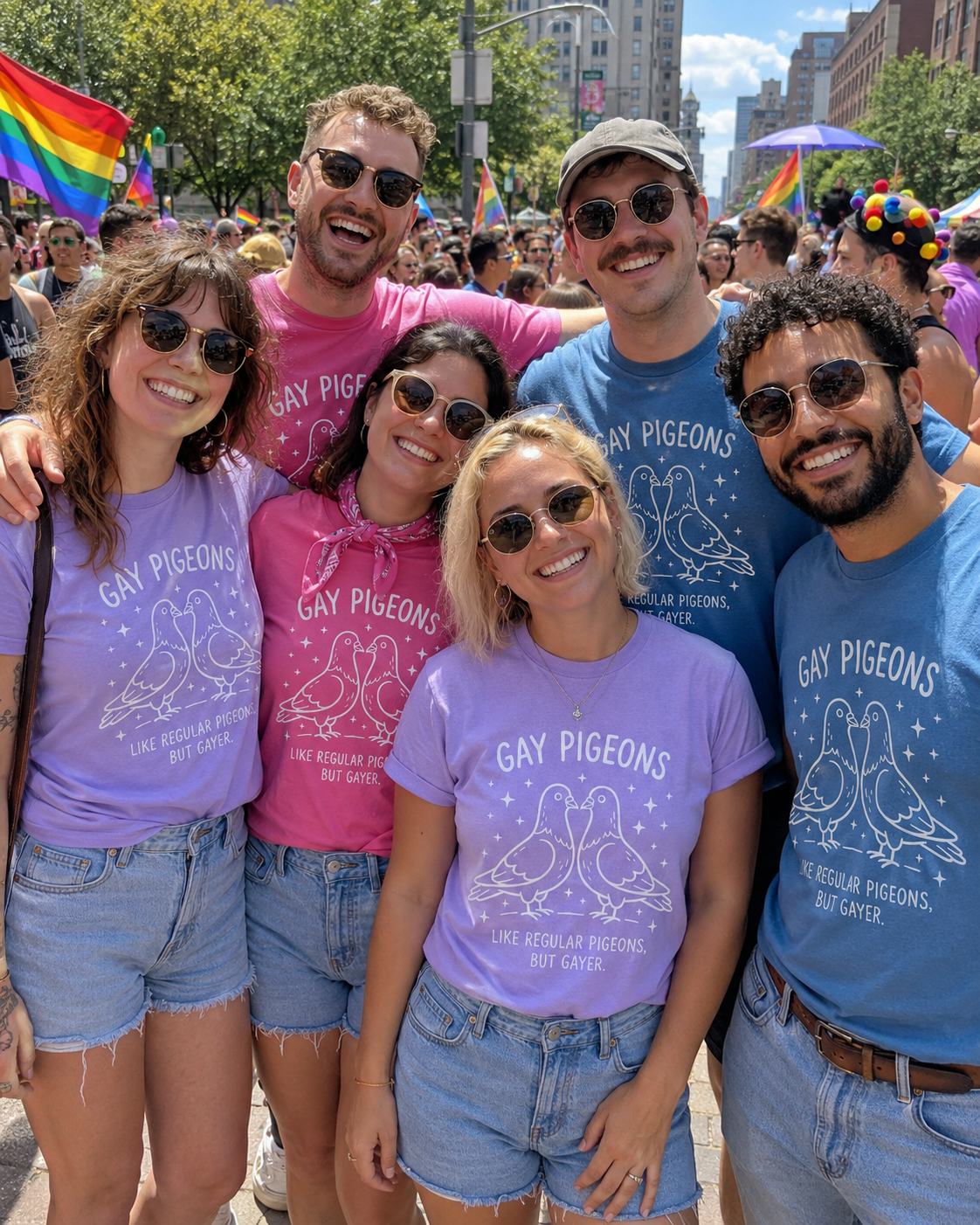Group wearing matching Pride shirts for a parade