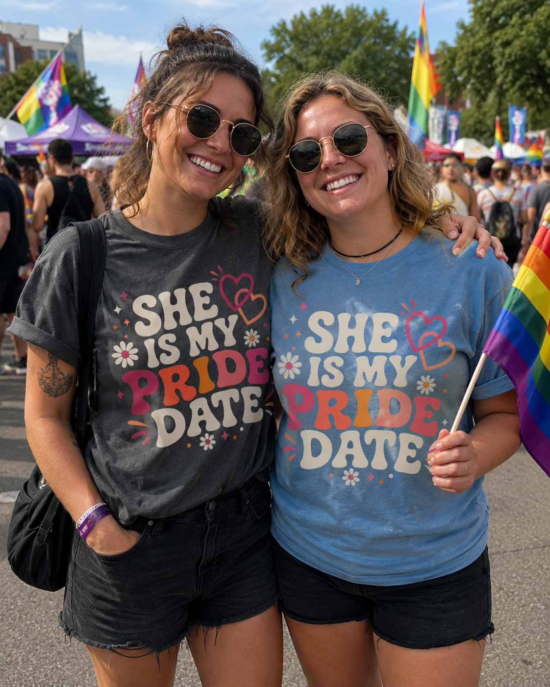 Lesbian couple wearing cute Pride shirts for a summer event