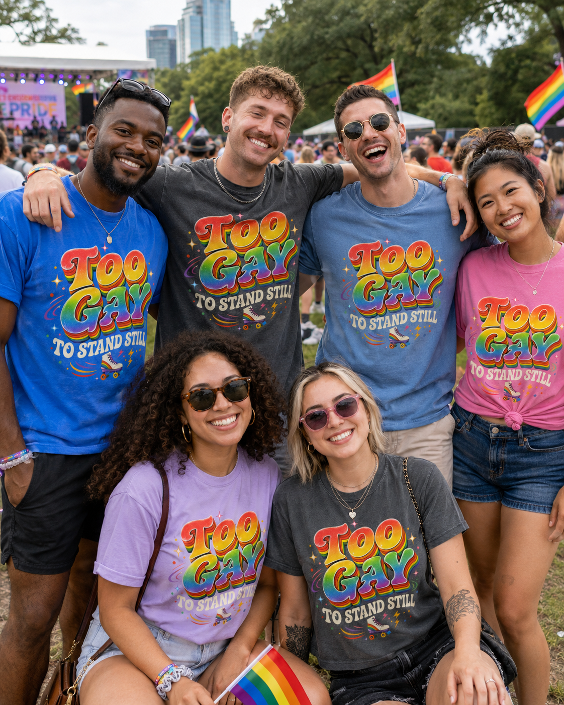 Friends styling funny gay shirts with denim and Pride accessories