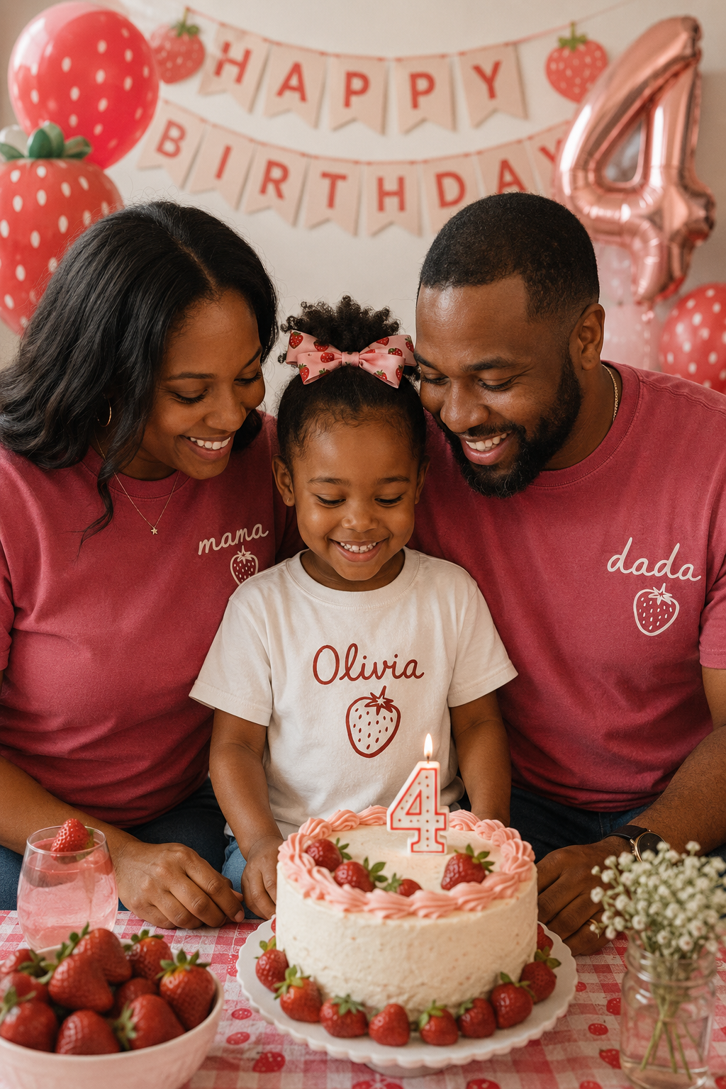 Kid Strawberry Birthday Family Matching Shirts - Custom Text