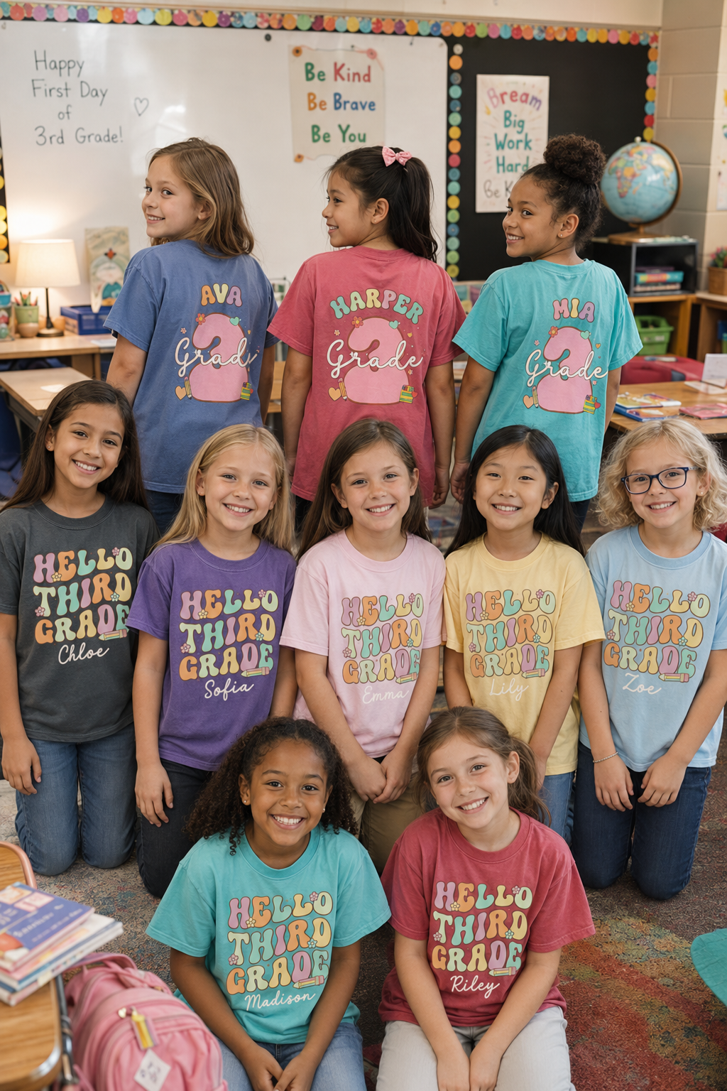 Personalized Hello Third Grade Shirt for Girls, Custom Name 3rd Grade Kids Tee