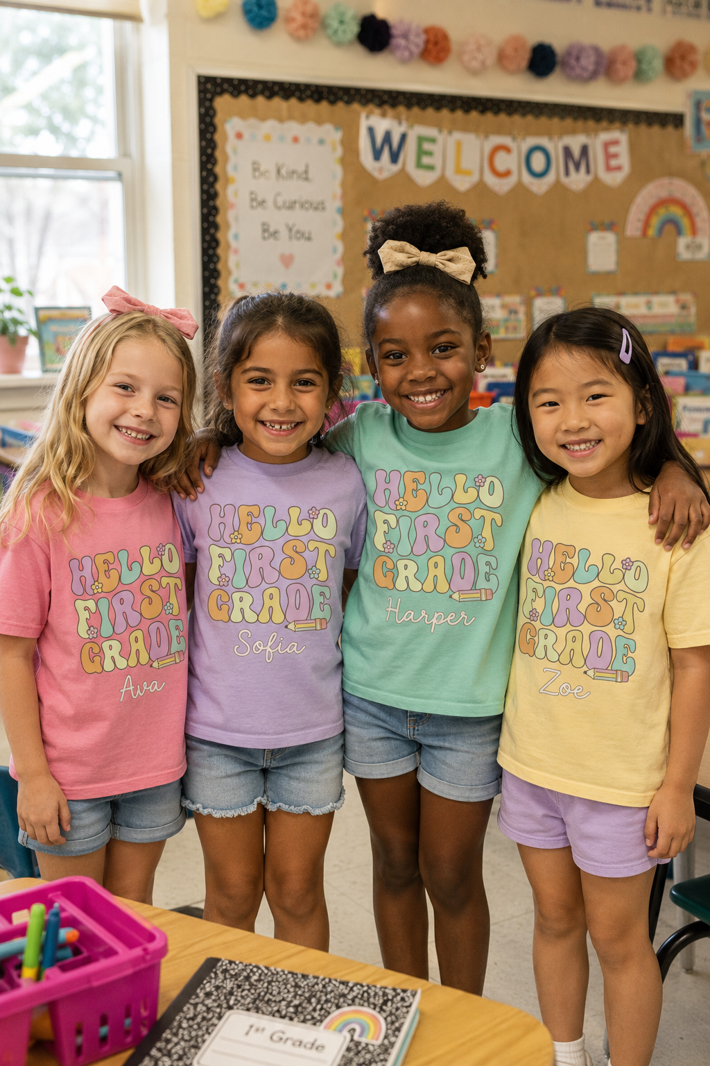 Personalized Hello First Grade Shirt for Girls, Custom 1st Grade Kids Tee