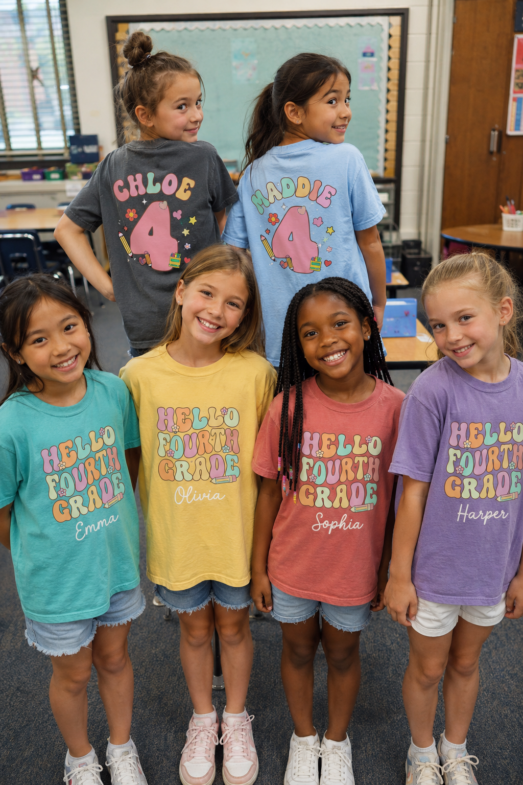 Personalized Hello Fourth Grade Shirt for Girls, Custom Name 4th Grade Kids Tee