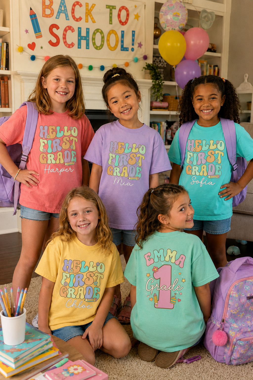 Personalized Hello First Grade Shirt for Girls, Custom 1st Grade Kids Tee