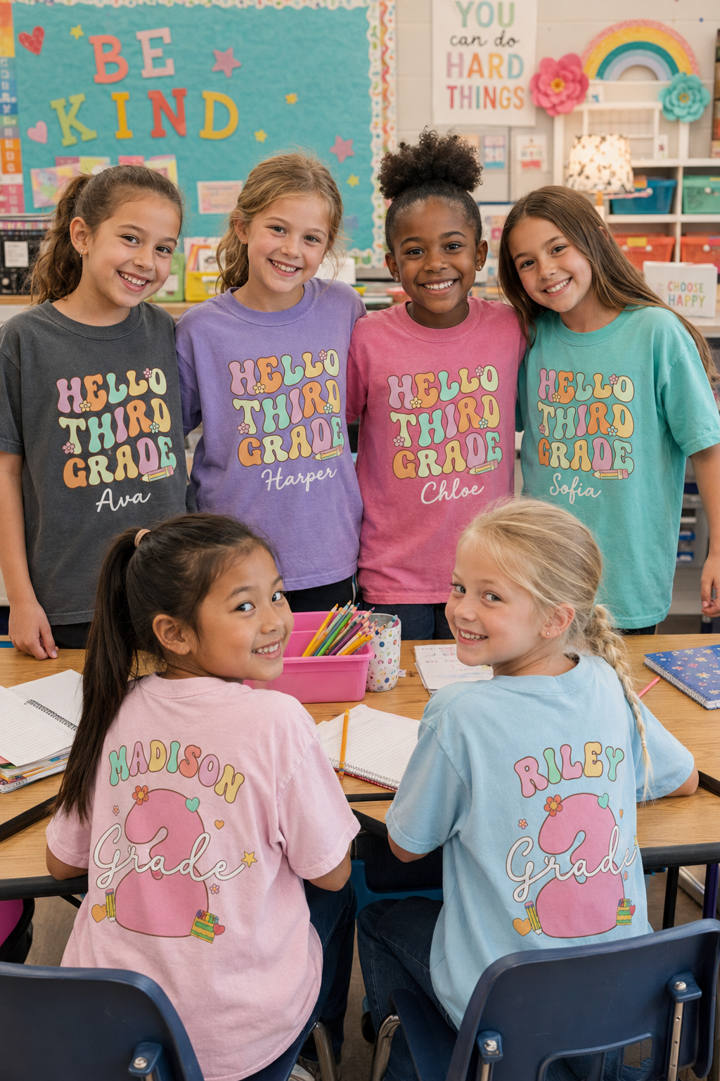 Personalized Hello Third Grade Shirt for Girls, Custom Name 3rd Grade Kids Tee