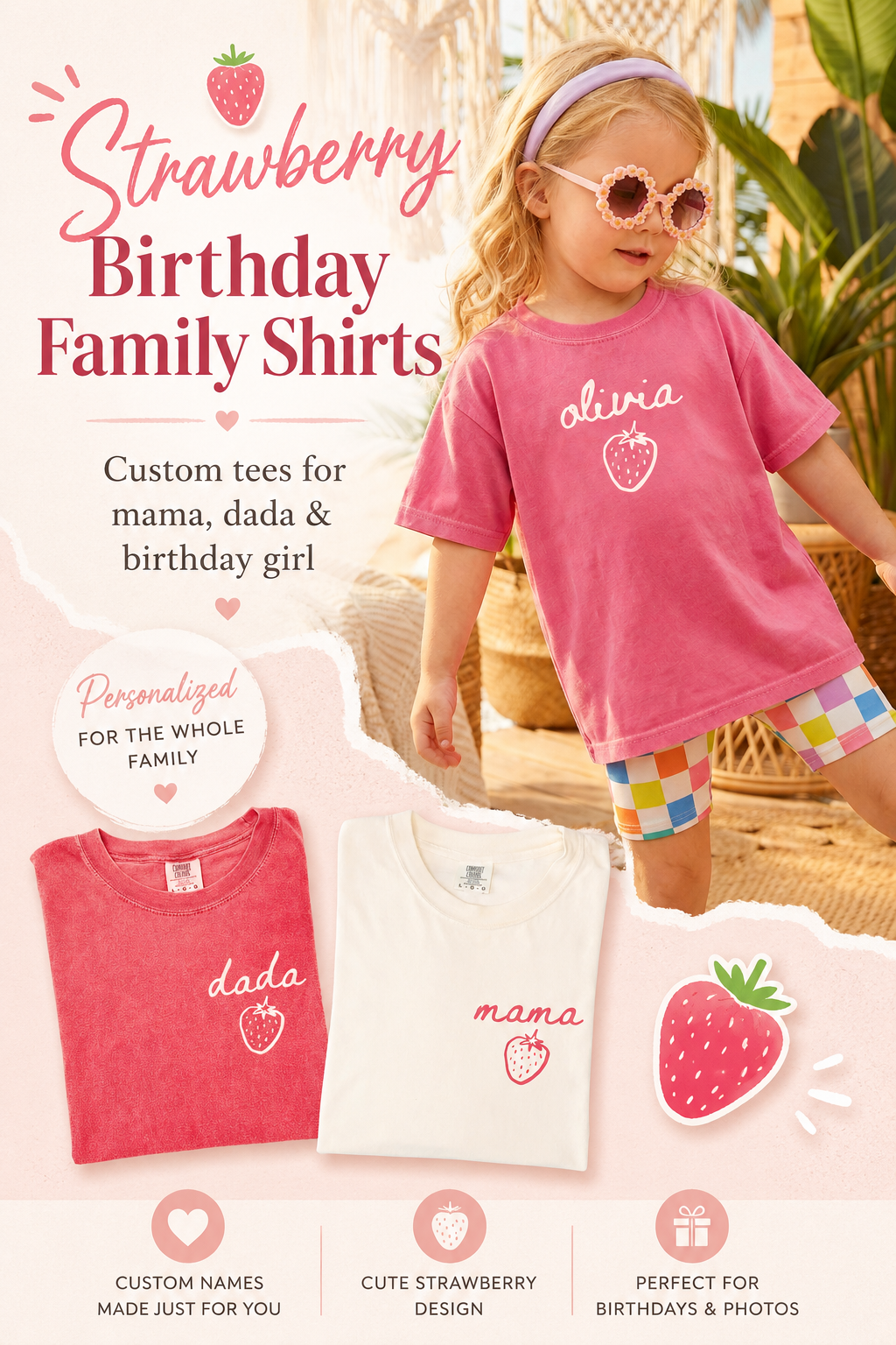 Kid Strawberry Birthday Family Matching Shirts - Custom Text