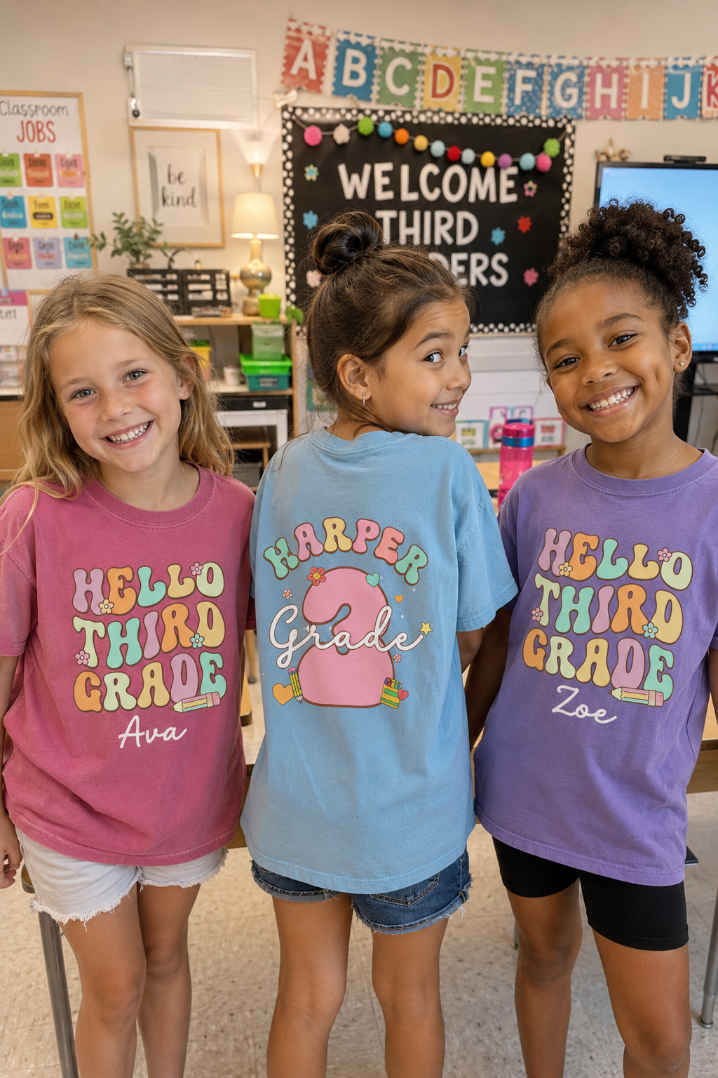 Personalized Hello Third Grade Shirt for Girls, Custom Name 3rd Grade Kids Tee