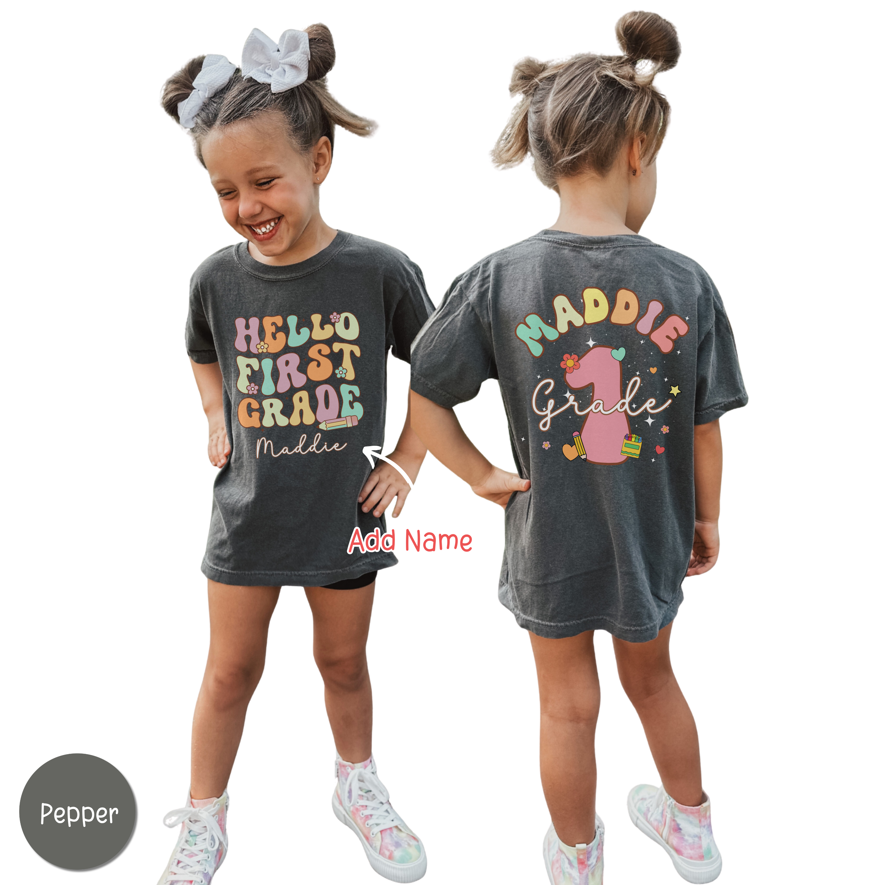 Personalized Hello First Grade Shirt for Girls, Custom 1st Grade Kids Tee