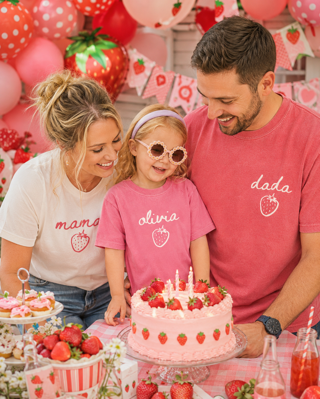 Kid Strawberry Birthday Family Matching Shirts - Custom Text